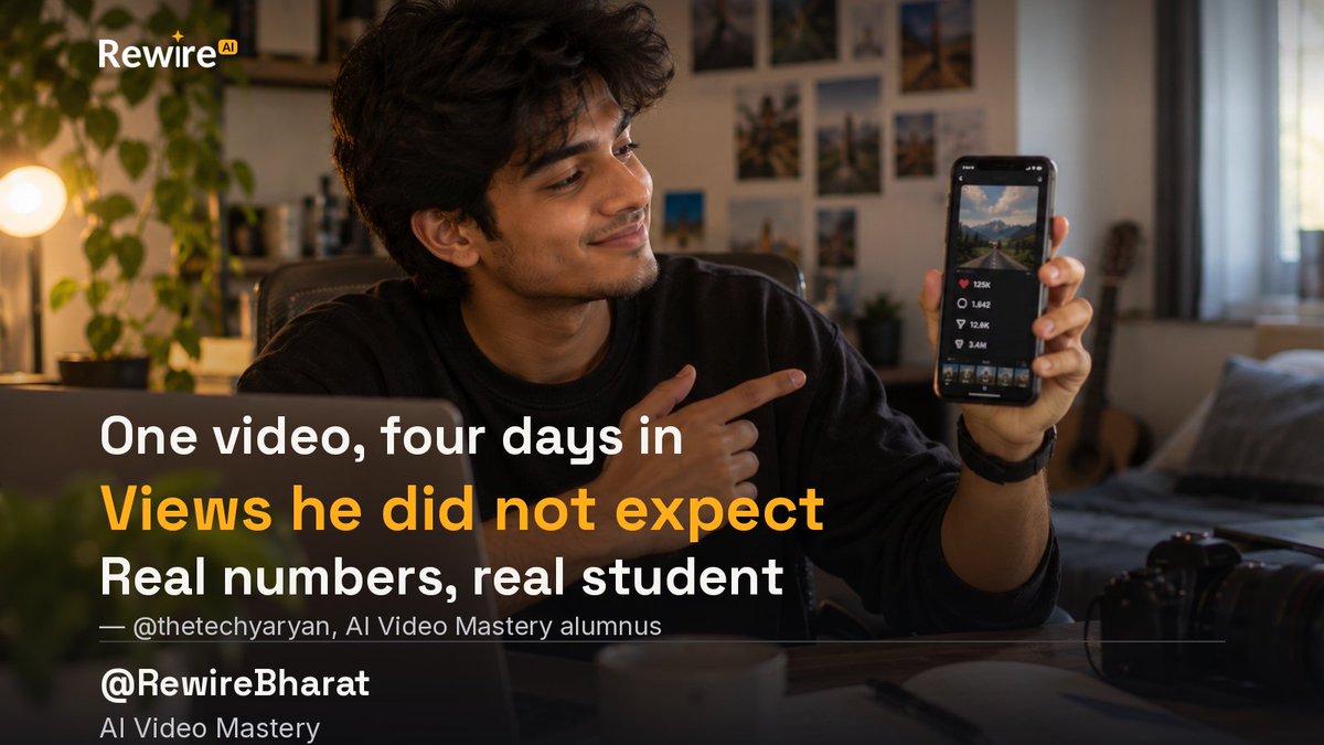 RewireBharat's tweet photo. Four days after finishing the course, one video, numbers he wasn't expecting
Real student, real result, not a testimonial we wrote for him
Full story and enrollment at https://t.co/CblKc8FpIb

#AIVideoMastery #StudentSuccess #BuildInPublic #ContentCreation #RewireBharat https://t.co/8rDWC5XBsb