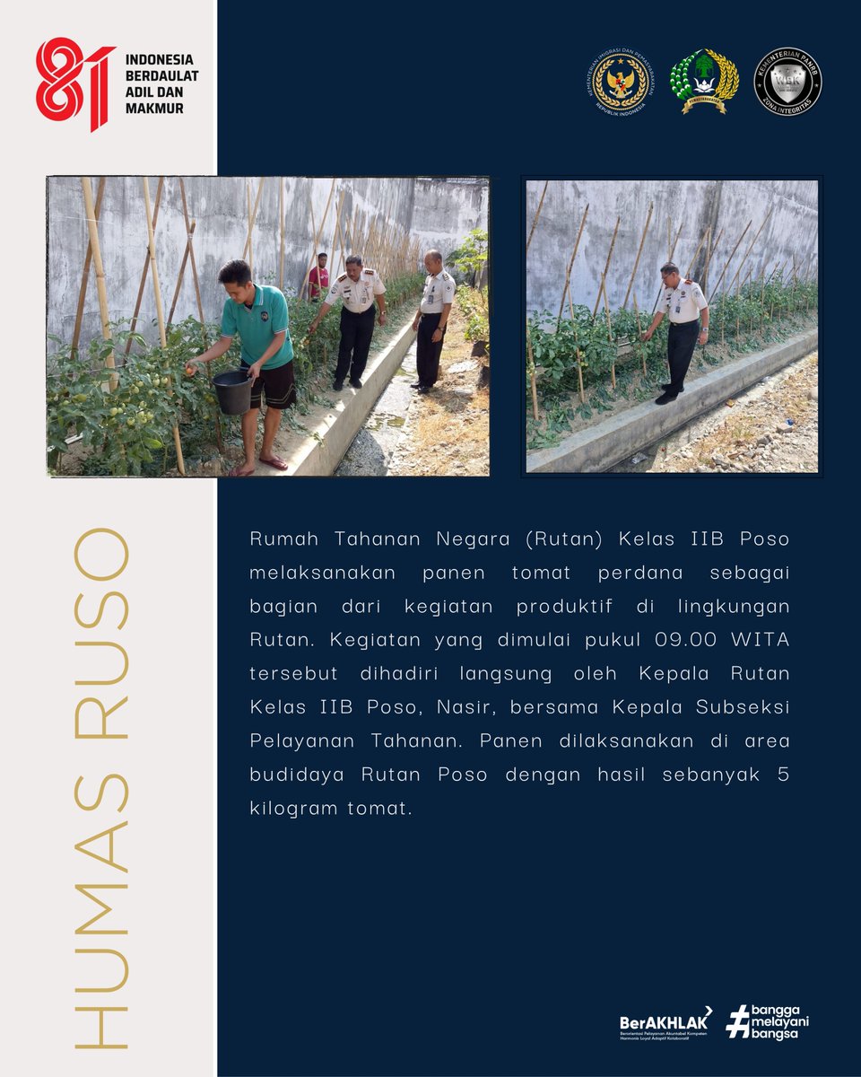 PosoRutan's tweet photo. Rutan Poso Panen Tomat Perdana, Dukung Kemandirian dan Produktivitas

Selengkapnya: https://t.co/GNQxcT6GSc

#RutanPoso #Kemenimipas #Pemasyarakatan #Pembinaan #Kemandirian https://t.co/Iw0Fi1Pylh