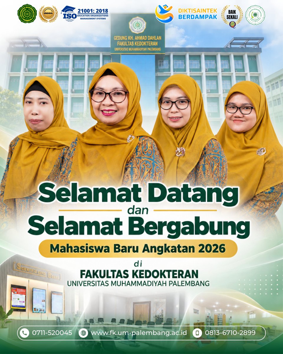fkump_id's tweet photo. 🎓✨ SELAMAT DATANG DAN SELAMAT BERGABUNG, MAHASISWA BARU ANGKATAN 2026! ✨🎓

Selamat datang di keluarga besar Fakultas Kedokteran Universitas Muhammadiyah Palembang! 💚💛

Perjalanan baru sebagai calon insan medis telah dimulai. Semoga langkah pertama ini menjadi awal dari perjalanan akademik yang penuh semangat, dedikasi, integritas, dan kebermanfaatan bagi sesama. 🩺📚

Mari tumbuh bersama, belajar dengan sungguh-sungguh, menjunjung tinggi nilai kemanusiaan, serta menjadi generasi dokter yang unggul, bermutu, profesional, dan berlandaskan nilai-nilai Islami.

🌟 Selamat bergabung di FK UM Palembang!
Masa depan kedokteran dimulai dari sini.

Dekan, 
dr. Liza Chairani, Sp.A, M.Kes

--------------------

Fakultas Kedokteran 
Universitas Muhammadiyah Palembang
🏫 Jalan KH. Balqi, Talang Banten, Kelurahan 13 Ulu, Kecamatan Seberang Ulu II Kota Palembang