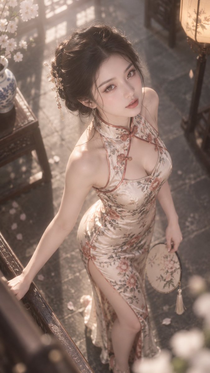 Dreamy high-angle fashion portrait of a woman wearing a qipao