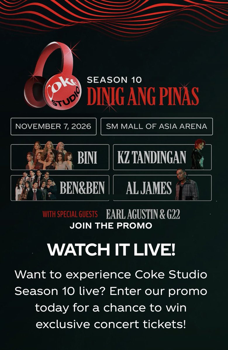 bini_writes's tweet photo. BINI IN COKE STUDIO 10TH ANNIVERSARY CONCERT 🌺🎙️🎶

LOOK: It’s official, Coke Studio Season 10 “Dinig ang Pinas” Concert is happening on Nov. 7 at the MOA Arena featuring BINI, Ben&Ben, KZ Tandingan and Al James with special guests Earl Agustin and G22. 

HOW TO WIN TICKETS: https://t.co/VpevSCCAxe

#BINI #CokeStudioS10 #DinigAngPinas