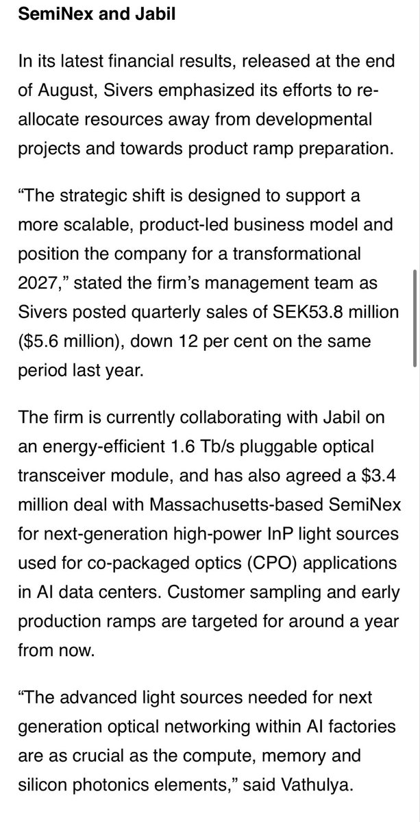Sofigoodboy's tweet photo. Optics posted $SIVE news!

"Sivers to ramp InP laser production with $30M investment."

And Optics also mentioned Jabil and Seminex in the news. https://t.co/meemURJiCE
