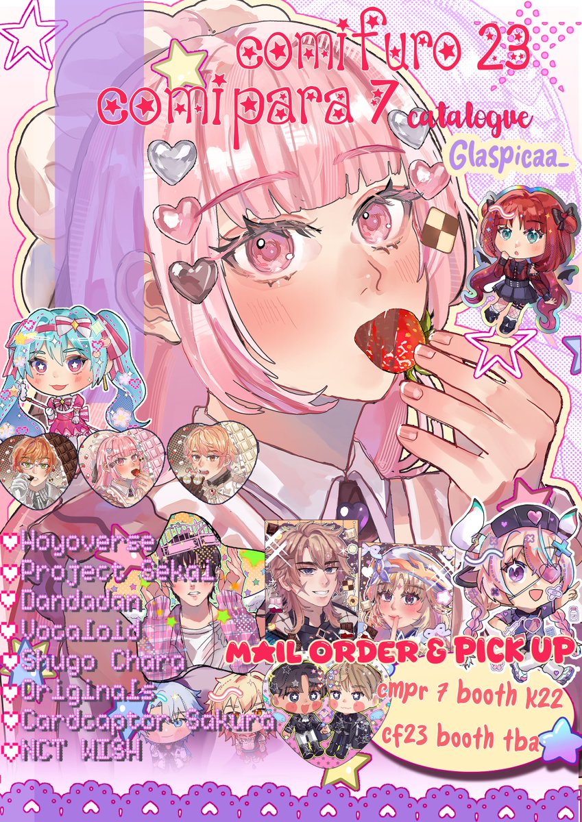 glaspicaa_'s tweet photo. [🔁💜 appreciated 🙇‍♀️] 
#CF23 and #Comipara7 PO + GA is open!

📅 : 9-20 Sep 2025 
⭐️: Mail order / Pick up booth Lucky Duck 
💜: Hoyovers, Project Sekai, Vocaloid, Dandadan, Shugo Chara, Persona Series, NCT Wish, Ori
🔗 : GA + link in rep
[1/3]
#comifuro23 #comifuro23catalogue https://t.co/Lxrcr2CG5E