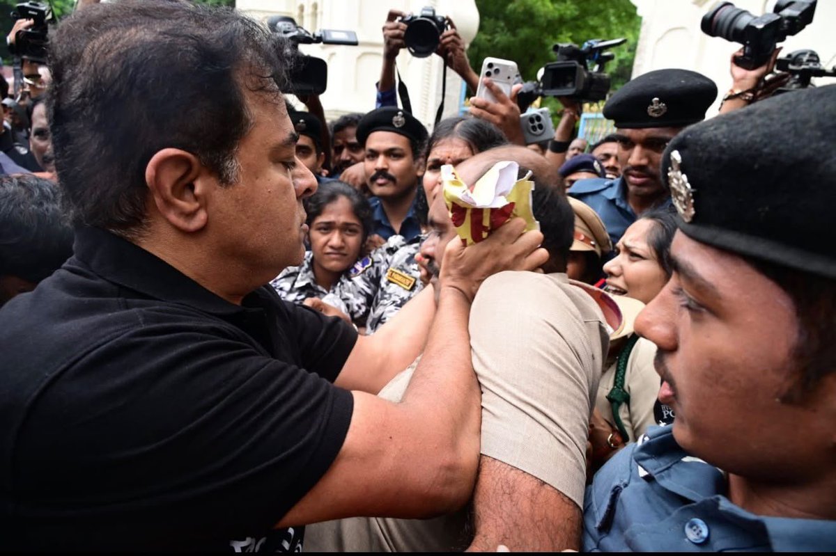 ANI's tweet photo. Hyderabad | Photos released by the Telangana government of BRS protest outside the State Assembly on Monday (6th September).

BRS leaders were protesting against the Congress-led state government, alleging that it had failed to fulfil its election promises even after completing 1,000 days in power.