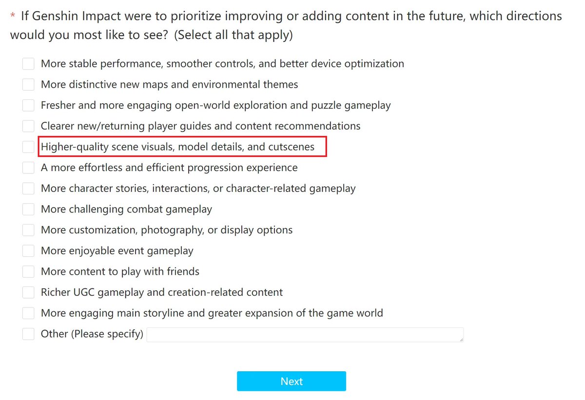 genshinmains_'s tweet photo. The newest in-game survey asks if we want to see "model details" improvements. Let them know. 

#GenshinImpact https://t.co/rp6bTDcORK