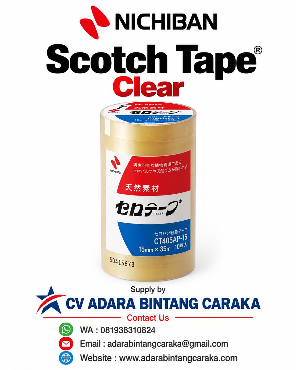 EkaputraPra's tweet photo. NICHIBAN Scotch Tape Clear
NICHIBAN Scotch Tape
#nichiban #scotch #tape #adara
Supply by CV Adara Bintang Caraka
WA : 081938310824
Website : https://t.co/pZKGcSl5rp https://t.co/T2kgKiaTc3