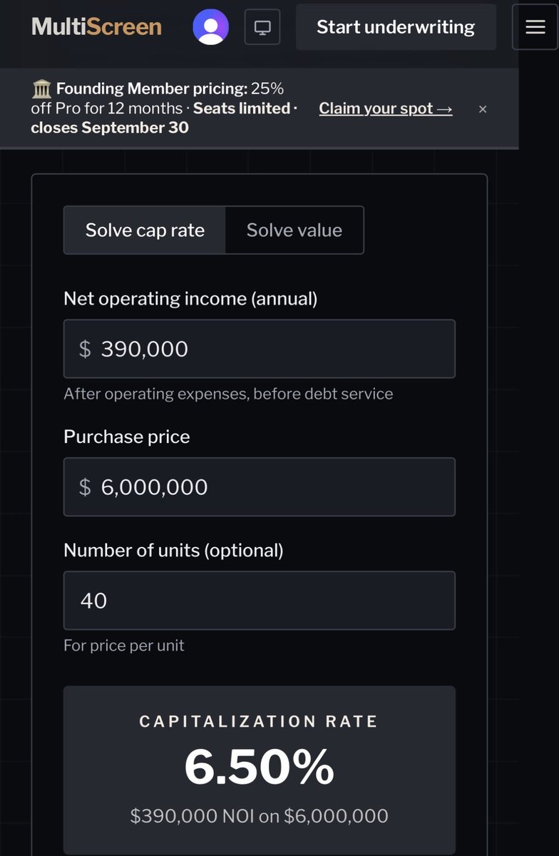 TreyWheeler's tweet photo. In Multifamily, cap rates and values are determined using the NOI. Use this free cap rate calculator to find the unlevered yield (I.e cap rate) that the property generates at any given price.

https://t.co/UwyozhCSB5 https://t.co/G32WKkODlk