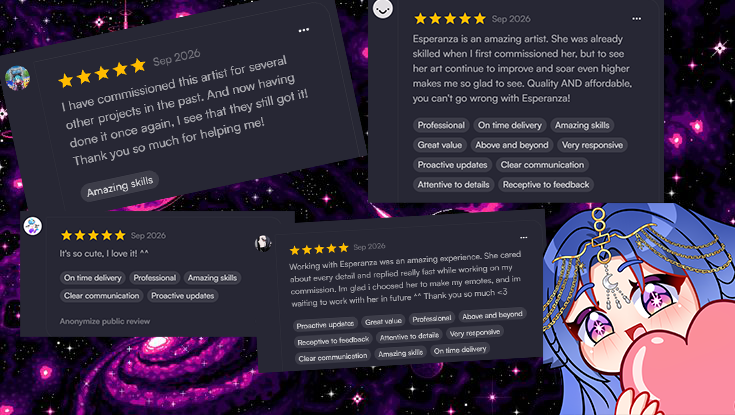 esperanzzz_'s tweet photo. a little #artreview dump from early september 😻
thank you so much to everyone who’s trusted me with their characters and supported my art!! (˶>⩊<˶)
#VGen #VGenComm #SmallArtist https://t.co/L2M1ljA1FS