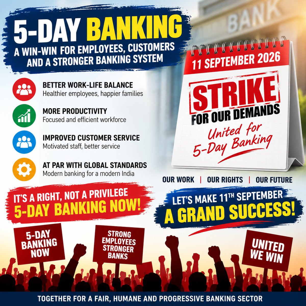 MahatojMeena's tweet photo. 5-Day Banking is not just a demand—it is the need of a modern banking sector.

Better work-life balance, greater productivity and improved customer service. Let us stand united for a progressive banking system.

✊ Make the 11th September 2026 Strike a GRAND SUCCESS!

5-Day Banking Now!
#5DayBanking #StrikeOn11Sept #5DayWeekandFairPLI #UnitedWeStand