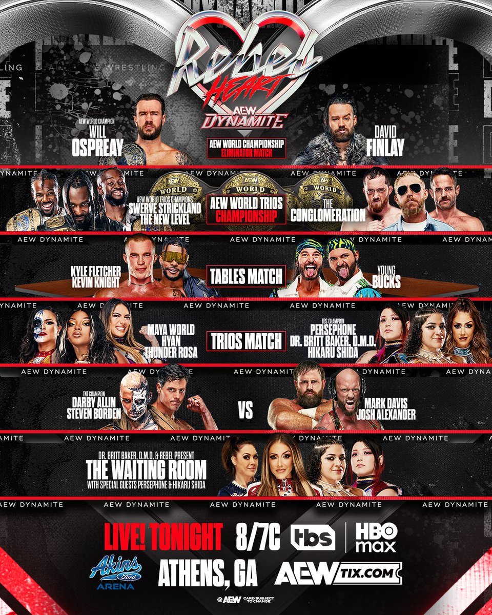 AEW's tweet photo. TONIGHT, IT'S REBEL HEART #AEWDYNAMITE!

Join us in celebrating and honoring @RebelTanea with an absolutely epic night of wrestling and more as we join in the fight against ALS!

Tune in LIVE at 8/7c on @TBSNetwork &amp; @HBOMax for Rebel Heart Dynamite, TONIGHT! https://t.co/geq38HeC5z