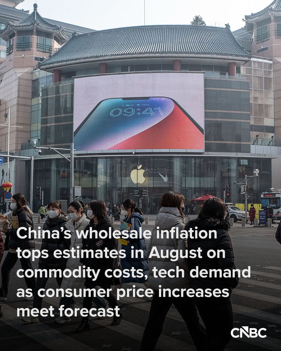 CNBC's tweet photo. China’s consumer and wholesale inflation rebounded in August, as higher global commodity costs and surging high-tech demand cushioned persistently tepid domestic consumption.

The producer price index increased 3.8%, according to data released by the National Bureau of Statistics on Wednesday, exceeding economists’ forecast for a 3.6% gain and outpacing July’s 3.5%, the weakest in three months.

Economists and a statistician explain what the data means: https://t.co/m298LVjOy3