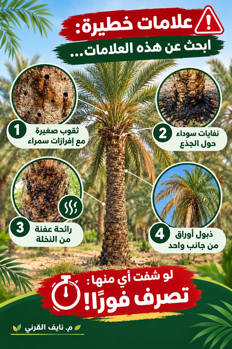 EngNayefq's tweet photo. من أهم العلامات على وجود سوسة النخيل الحمراء...
- ثقوب صغيرة مع إفرازات سمراء
-  نفايات حول الجذع
- رائحة عفنة من النخلة
- ذبول الأوراق من جانب واحد
او شفت أي منها: تصرف فورًا! 

#مهندس_زراعي #الزراعة #نادك #NADEC #AGRICULTURE https://t.co/F5zW6U6Eyz