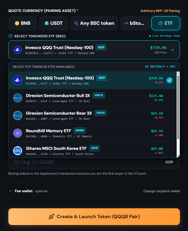 Tickr_BNB's tweet photo. Another https://t.co/tdEy0Kd9U2 update just shipped. 

We’ve added a dedicated bStocks pairing section to make launching against tokenized stocks faster and easier. Creators could already pair with them by entering the contract address through “Any BSC Token,” but now bStocks have their own dedicated selection interface.

And we’re not stopping there ~60 bStocks are being added over the next few hours.

We’ve also added tokenized ETF pairing, allowing creators to launch tokens paired directly with supported tokenized ETFs on BSC.

bStocks. Tokenized ETFs. Any BSC token. BNB. USDT.

More options. More markets. More ways to launch.

We said we’d keep building every single day and we meant it.

🔗https://t.co/tdEy0Kd9U2