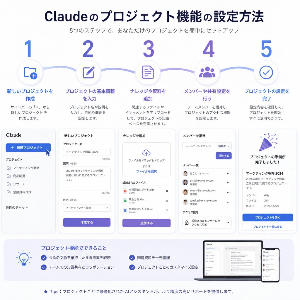 _exosai_'s tweet photo. Claudeに毎回同じ前提を貼り直している人へ。

指示は1回だけ書けば、あとは使い回せます。プロジェクト機能の設定は次の5つで終わります📌

1. 用途を1つに絞ってプロジェクトを作る
2. プロジェクト指示に「役割・読者・形式・禁止事項」を書く
3. ナレッジに3種類の資料を入れる
4. 案件ごとにチャットを分ける
5. 直した内容を指示文に戻し���育てる

↓手順　1/6