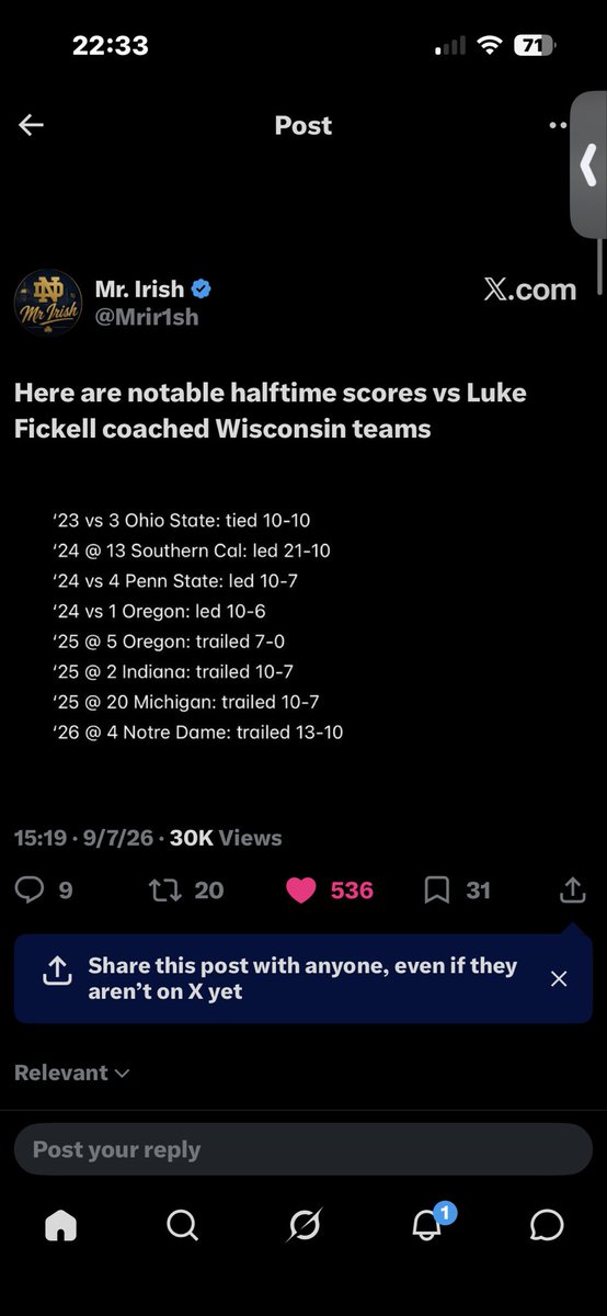 ChiSportsonTop's tweet photo. @jdpickell Don’t see how Miami did anything to prove they are that much better than nd. Both teams blew out p4 teams. If you’re concerned about the half time score Wisconsin has kept many top teams close at half before falling apart. https://t.co/eBJxELDyNq