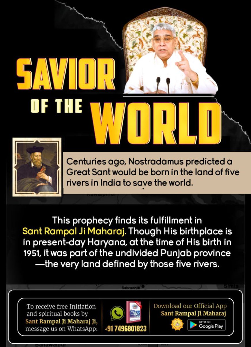 SUNIL_SLN1's tweet photo. #Savior_Of_The_World
Saviour of the world 
Centuries ago, nostradamus predicated a .....  
Sant Rampal Ji Maharaj https://t.co/DzY6re6oRo