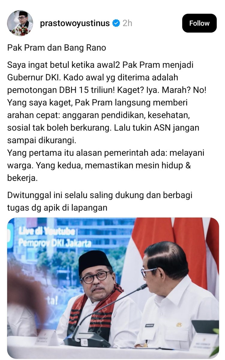 Hidupsebagai62's tweet photo. DKI Jakarta emg build different ya.

Saat daerah lain ngeluh sana-sini karna dbh nya dipotong, dki jakarta dipotong 15T loh.

Tapi pemprovnya ngapain?
Malah tambah :

• Transjakarta ke Kepulauan Seribu tetap dikembangkan, dengan pengelolaan transportasi laut dialihkan ke BUMD Transjakarta.
• Transjakarta ke Kepulauan Seribu ditargetkan mulai beroperasi Juni 2027, dengan tujuan menghadirkan tarif penyeberangan yang lebih murah.
• Penyesuaian dan optimalisasi rute Transjakarta tetap berjalan, termasuk rute 4D, 6M, 9H, dan 11B.
• Transjakarta tetap menambah layanan/rute khusus untuk event besar, termasuk menuju JIEXPO Kemayoran saat Jakarta Fair/PRJ.
• KJP tetap dipertahankan untuk sekitar 707 ribu penerima.
• KJMU tetap dipertahankan untuk sekitar 27 ribu penerima.2
• Subsidi pangan tetap dipertahankan untuk sekitar 19,8 juta paket.