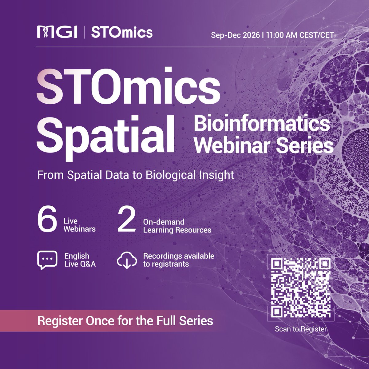 ST_Omics's tweet photo. Six MGI STOmics bioinformatics webinars will cover Stereo-seq workflows, segmentation, cellular dynamics, tissue architecture, oncology, and neuroscience.
Register once: https://t.co/iu0fCKdDjh
#SpatialTranscriptomics #Bioinformatics #MGI #STOmics https://t.co/B5cpy8QWEA