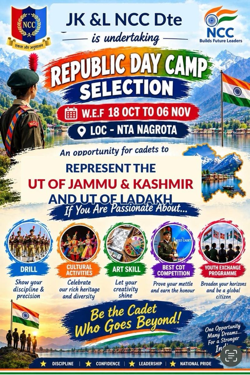 prodefencejammu's tweet photo. The journey to RDC begins!
JK&L NCC Dte is undertaking Republic Day Camp Selection from 18 Oct–06 Nov at NTA Nagrota.
An opportunity for cadets from J&K & Ladakh to excel in Drill,Cultural Activities,Art Skills, Best Cadet & Youth Exchange Programme.
Be the Cadet Who Goes Beyond!

@SpokespersonMoD 
@adgpi 
@HQ_DG_NCC 
@NCCDteJKL 
@Gphqjammuncc 
@ANI