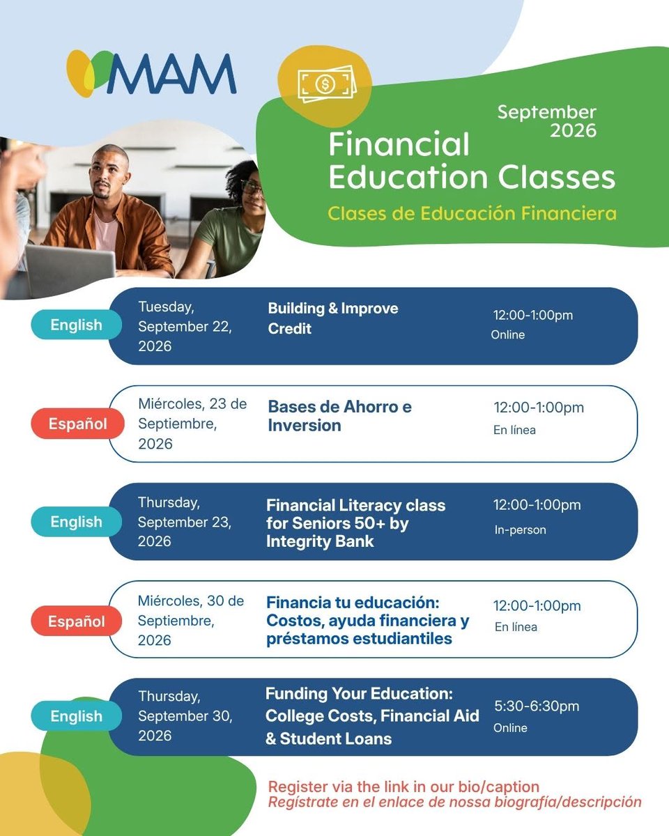 SorccHouston's tweet photo. @MAMHouston invita a la Comunidad a SUS cursos en Ingles y Espanol. Join our September Financial Education Workshops / Únete a nuestros talleres de educación financiera de septiembre 📷📷
Register here / Regístrate aquí: https://t.co/IRUoFMUMxq
(Link in bio / Enlace en la bio) https://t.co/XW2OPbmX6b