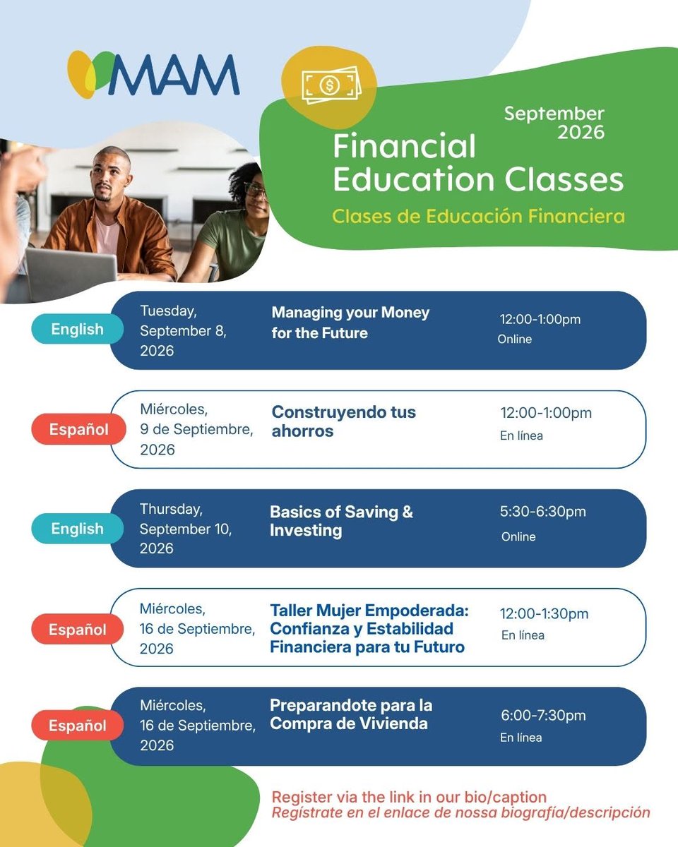 SorccHouston's tweet photo. @MAMHouston invita a la Comunidad a SUS cursos en Ingles y Espanol. Join our September Financial Education Workshops / Únete a nuestros talleres de educación financiera de septiembre 📷📷
Register here / Regístrate aquí: https://t.co/IRUoFMUMxq
(Link in bio / Enlace en la bio) https://t.co/XW2OPbmX6b