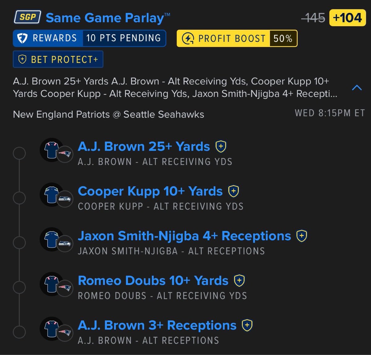PlaybookLabHQ's tweet photo. NFL 2026 Season Opener SGP 🏈

Patriots @ Seahawks

Volume floors only. Brown, Kupp, JSN, Doubs

-145 → +104 after the 50% boost

Tail it https://t.co/t5bVtfHzMN