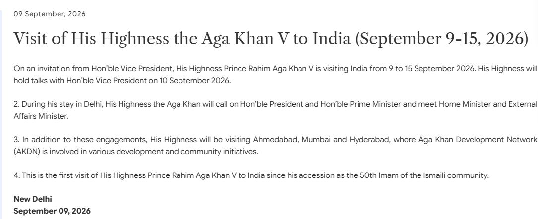 ANI's tweet photo. Prince Rahim Aga Khan V is visiting India from 9 to 15 September. He will hold talks with Vice President on 10 September 2026. During his visit, he will call on President Murmu and PM Modi and meet Union Home Minister Amit Shah and External Affairs Minister Dr S Jaishankar: Ministry of External Affairs