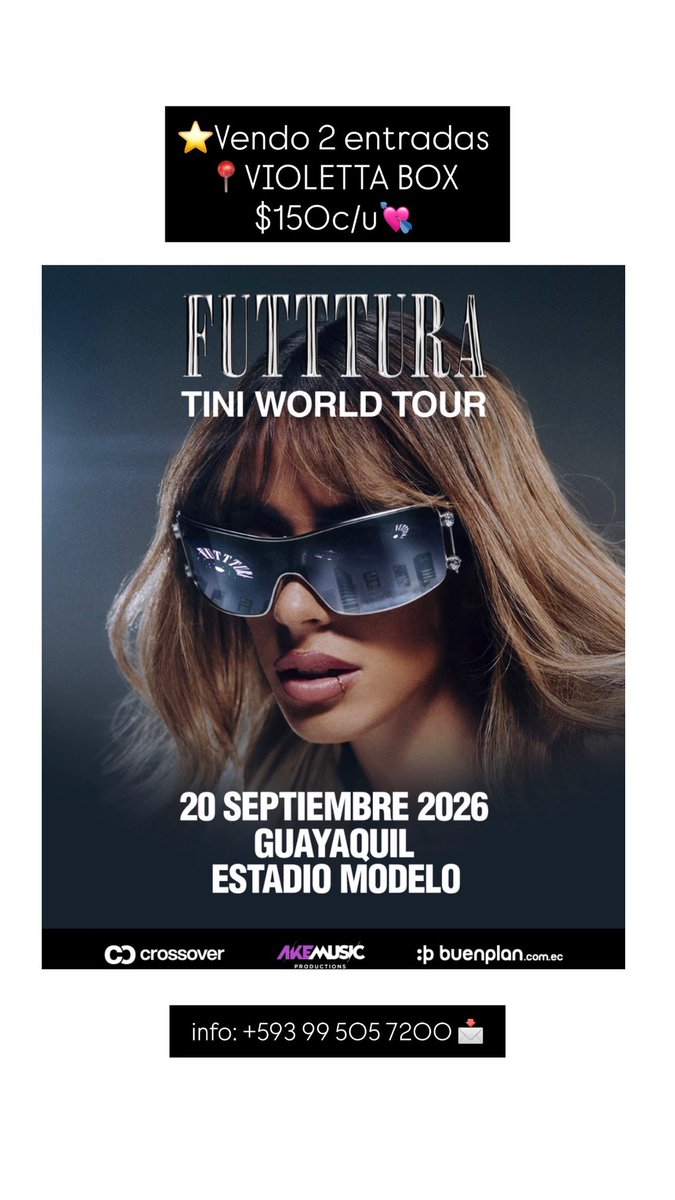 justrealcami's tweet photo. ✨Vendo 2 entradas a FUTTTUTA en guayaquil 20 de septiembre, localidad: VIOLETTA BOX $150c/u 
#futttura #tini #ecuador https://t.co/A4W20Eazuq
