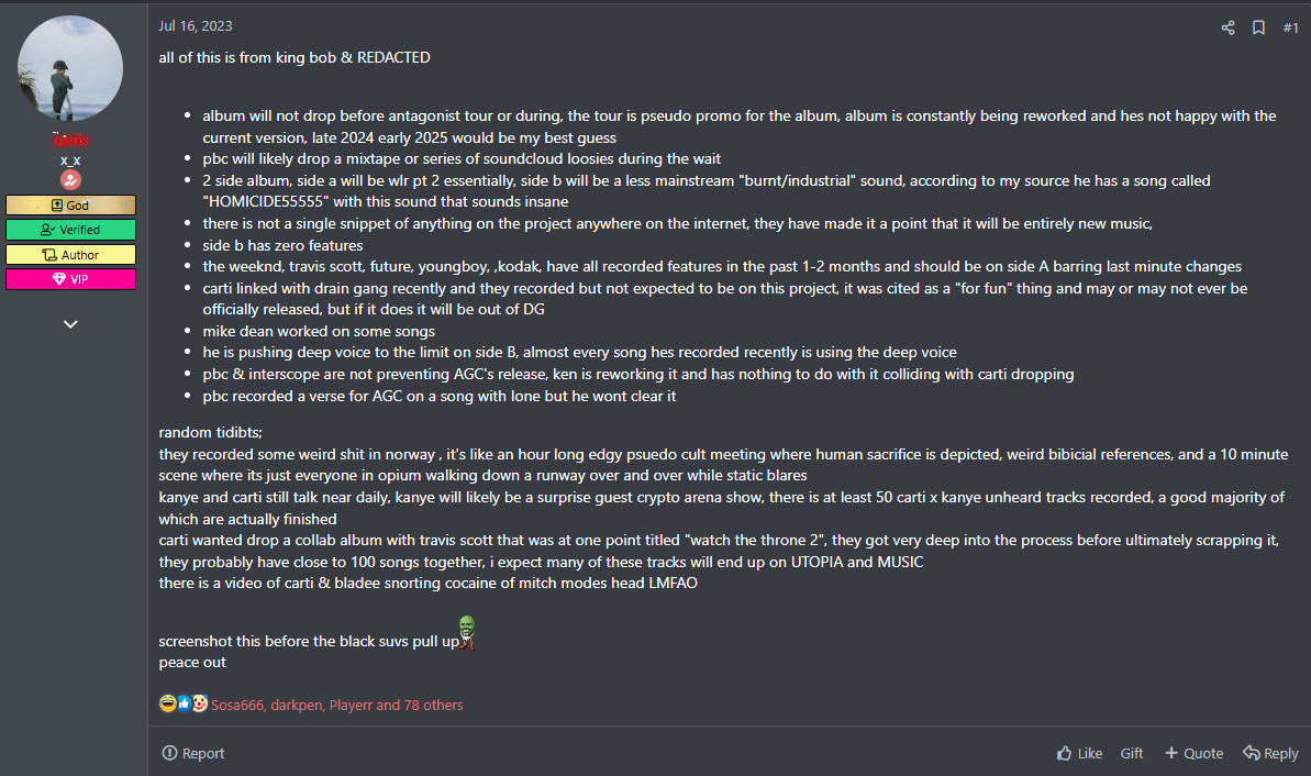 catalogging's tweet photo. a user had this to say about playboi carti's "i am music" project on july 16th, 2023 &amp; was spot on.

"according to my source he has a song called "HOMICIDE55555" w a sound that sounds insane"
"pbc recorded a verse for AGC on a song with lone but he wont clear it" https://t.co/IyvtZrHKfT