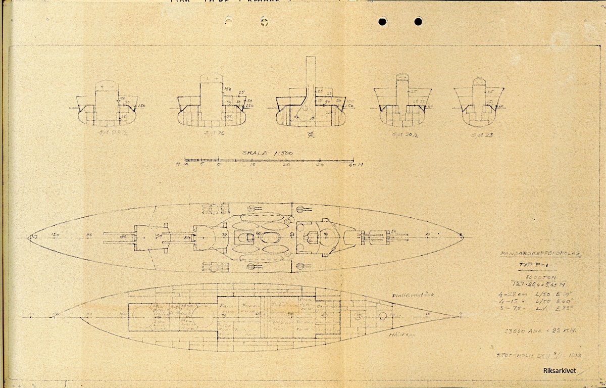 HashimotoMozi's tweet photo. 1930年代前半にスウェーデン海軍で検討されていた、主砲を後部に集中配置した装甲艦の設計案P-1。この図の日付は1933年12月8日で、引用元のP-3は1934年1月3日。

なぜか側面図が見つからなかったんだけど、この図だけからでも、舷側装甲が傾斜していることや、バルジが付いててその内側に水雷防御縦隔壁があること、船首楼型船型であること、各種兵装配置、左右舷で主機・主缶の前後位置が異なるシフト配置が採用されていることなんかが分かる。

艦首に搭載された15cm副砲が、P-3では三連装1基だったのに対して、連装2基の背負い式配置になってるのは拙著『海防戦艦』に掲載したX案やP-2案と同じで、小口径砲の組み合わせとか、三連装2基の魚雷発射管が搭載されてることもP-3とは違う。あと、主砲、副砲の口径長も。

ごく大雑把なスケッチだけど、きっと当時の担当者は、こういうの考えてる時が一番楽しかったんだろうなぁ…
どうせ艦橋の形状は共通だろうから、簡単に側面図を起こせそう。

本に掲載しない図なのでゴミ取りしてないけど、悪しからず（見やすくなるようにちょっとだけ色調補正と鮮鋭化した）。