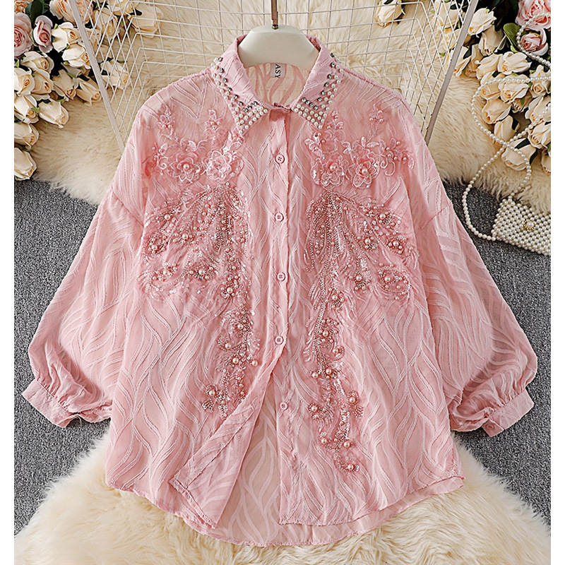 Larissa24062016's tweet photo. Stylish, elegant, and trendy all in one! Introducing the Lace Hollow-Out Lantern Sleeve Shirt. Floral lace design, beaded sequins, trendy lantern sleeves, and a comfortable loose fit. Available in White, Black, Pink, and Blue. Perfect for office, https://t.co/2iYiJZaOY4