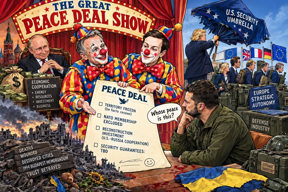 Mits928's tweet photo. Shot of today.
今日の1枚。
#TheGreatPeaceDealShow #PeaceDeal #PeaceForSale #PoliticalSatire #PoliticalCartoon #Ukraine #Russia #Trump #Diplomacy #Geopolitics #EuropeanSecurity #StrategicAutonomy #NATO #UkraineWar #WarAndPeace https://t.co/Re9B7mYS6T
