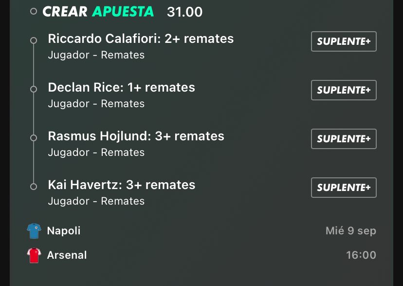 JavoBets's tweet photo. Cuota x31 para el Napoli-Arsenal que me gusta. 
Calafiori viene pateando los últimos partidos.
Declan Rice encargado de la pelota parada.
Hojlund el 9 del Napoli y los últimos 2 cumplió con el cambio.
Havertz el 9 del Arsenal aunque puede llegar a ser suplente. https://t.co/RCL4Dg8jIQ