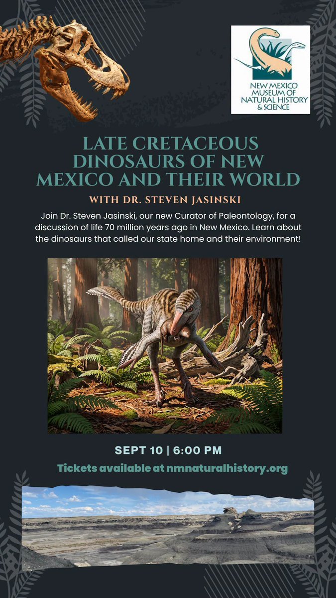 StevenJasinski's tweet photo. For those in New Mexico, namely the Albuquerque area, I will be giving a talk on Thursday at the New Mexico Museum of Natural History &amp; Science on Cretaceous dinosaurs and their world, stop by to hear me discuss New Mexico's 'terrible lizards.' https://t.co/lQw2LTqWIj