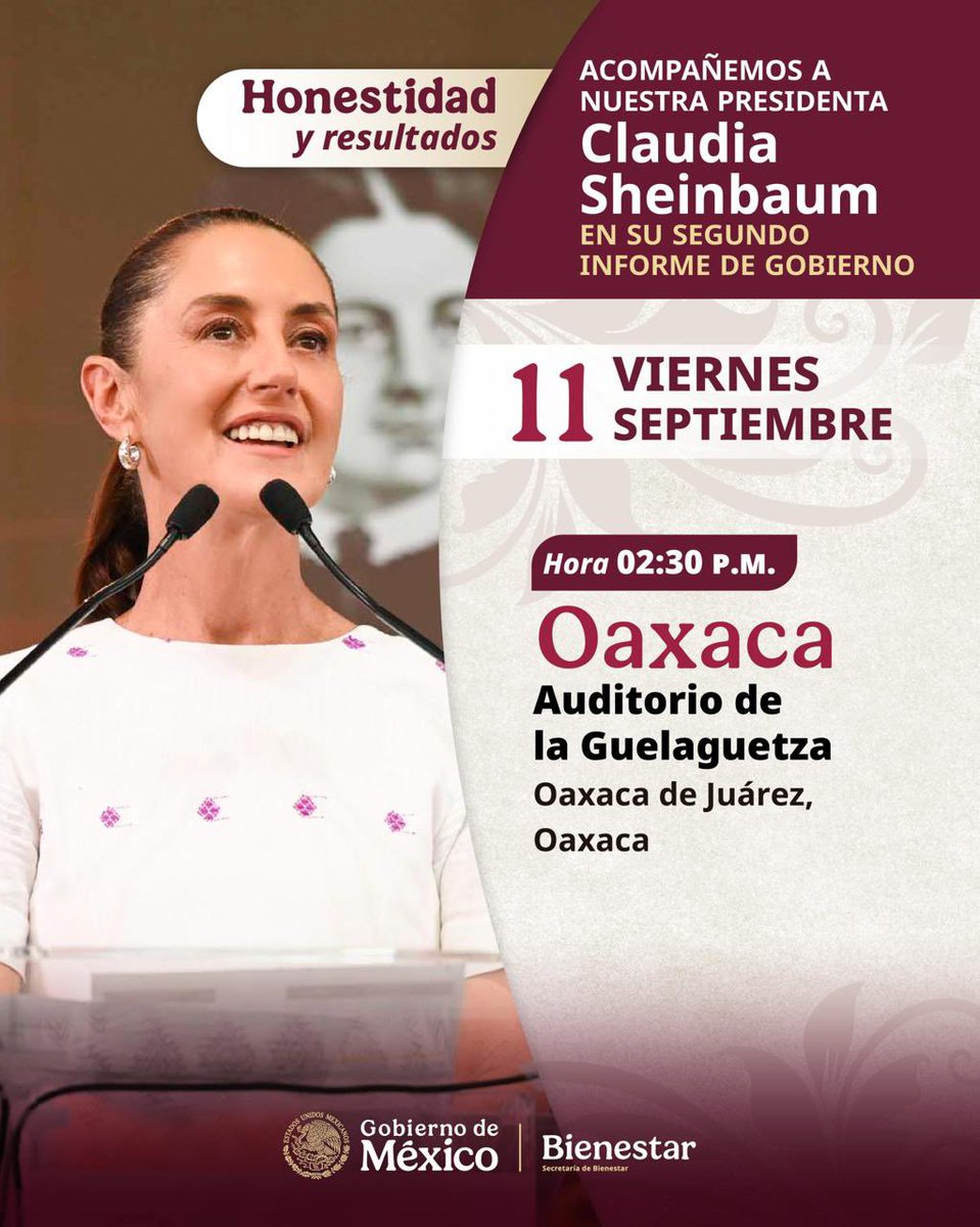 NancyOrtizOax's tweet photo. Este viernes tenemos una cita con nuestra presidenta, @Claudiashein para escuchar su mensaje en el marco del #2InformeDeGobierno. 🇲🇽 https://t.co/jvgr9SQoMC
