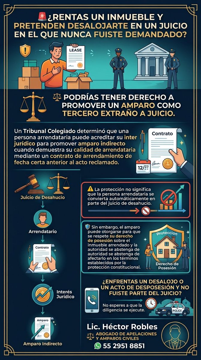 abogados_robles's tweet photo. 🚨 ¿RENTAS UN INMUEBLE Y PRETENDEN DESALOJARTE EN UN JUICIO EN EL QUE NUNCA FUISTE DEMANDADO?

⚖️ PODRÍAS TENER DERECHO A PROMOVER UN AMPARO COMO TERCERO EXTRAÑO A JUICIO.

🏠 Un Tribunal Colegiado determinó que una persona arrendataria puede acreditar su interés jurídico https://t.co/QLaTd5XADe