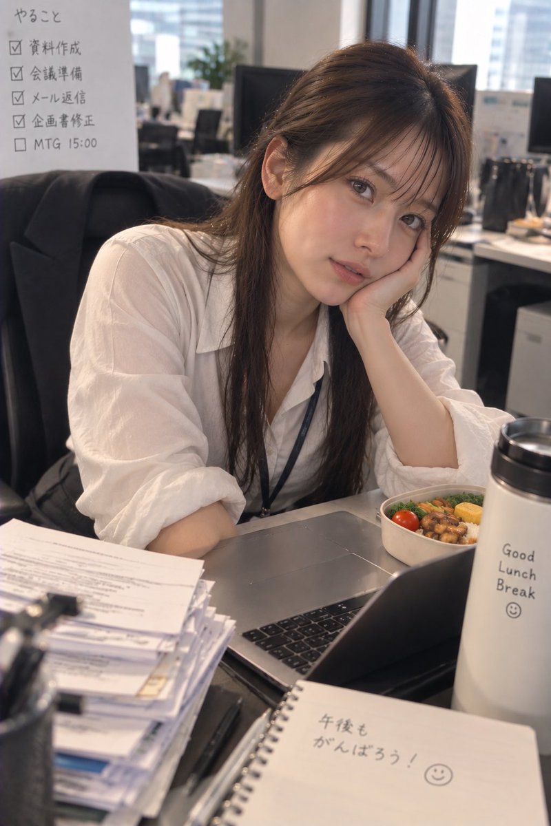 kuronrkoai's tweet photo. お昼休み〜☀️

水曜日、やっと週の真ん中まできたね☺️

午前中ちょっとバタバタしてたから、
お昼ごはん食べてほっと一息🍚

午後も頑張らなきゃだけど、
今はもう少しだけ休憩してたい。笑

みんなは今日のお昼、何食べた？🤍

#昼休み #水曜日 #会社員の日常 #AI美女 https://t.co/Wo2BQbPApf