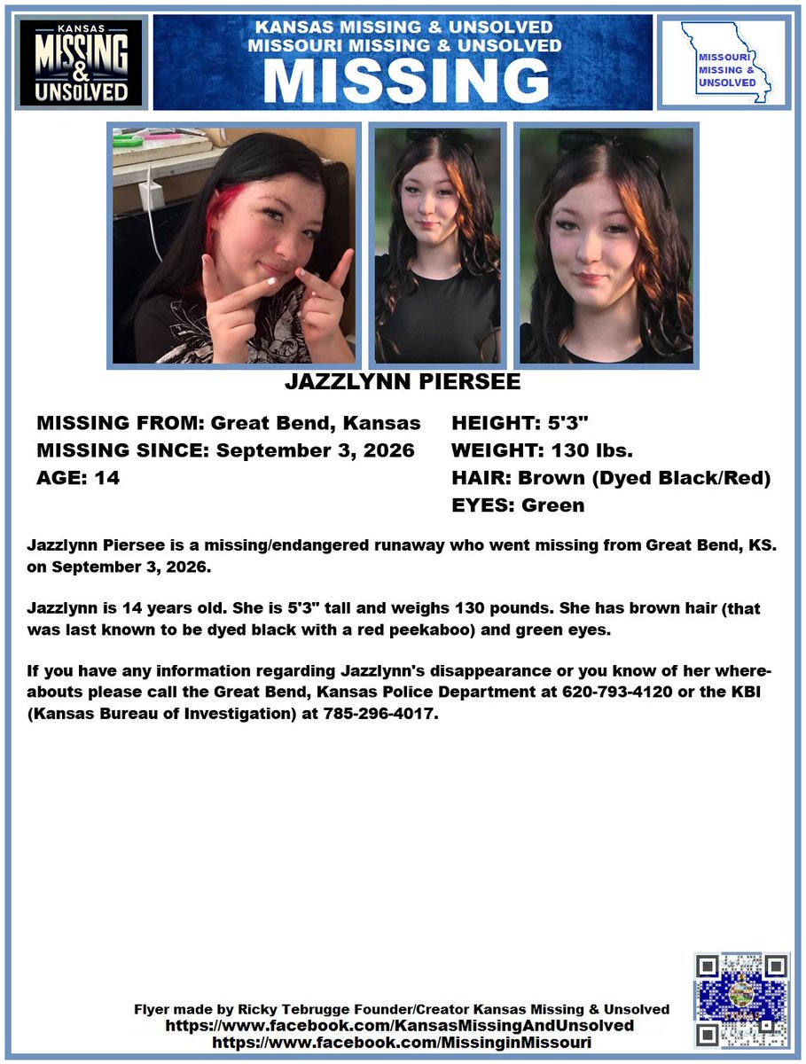 KansasMissing's tweet photo. #MISSINGPERSON #MISSING PLEASE SHARE/PRINT/POST!!! JAZZLYNN PIERSEE (GREAT BEND, KANSAS)!!!
#KansasMissing
#KansasMissingPerson
#MissingInKS
#MissingInKansas
#MissingKansan
#GreatBend
#greatbendkansas
#greatbendks
#Kansas
@AnnetteLawless https://t.co/8MC0FwRZUL
