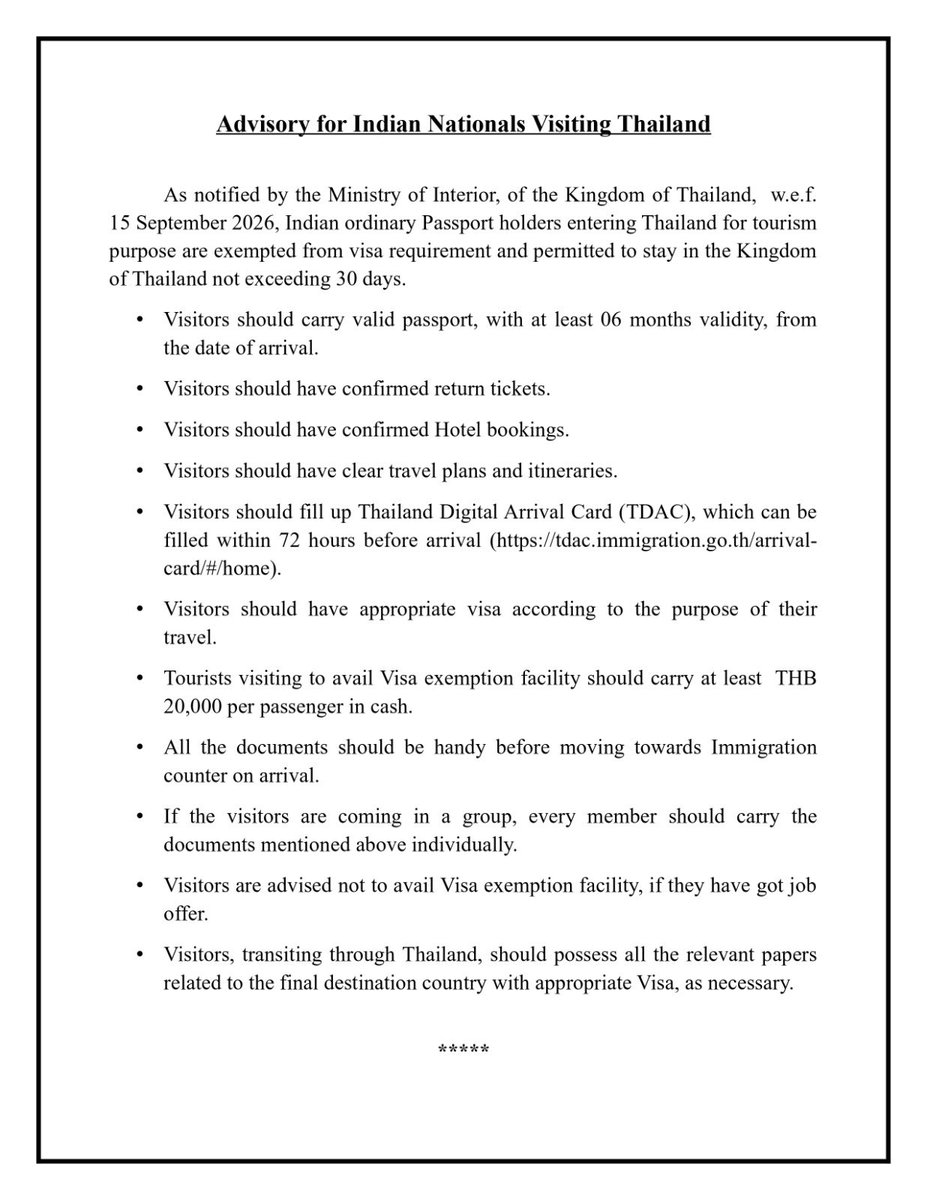 IndiainThailand's tweet photo. Advisory for Indian nationals visiting Thailand as on 09 September 2026. https://t.co/8vfBKMjrUD