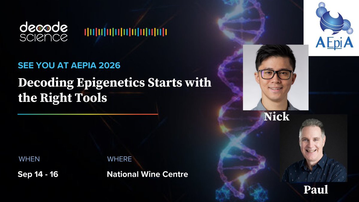 Decode_Science's tweet photo. Decode Science is heading to @AEpiA 2026 in Adelaide 🧬

Nick and Paul will be there to talk with you.

Methylation panels, sequencing, single-cell multi-omics, and synbio - all at the booth.

Coffee + Epigenetics = Good convo is on the way!

#Epigenetics #Genomics https://t.co/ymyTHPYmJI