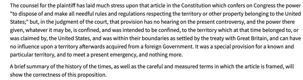 the_cath_const's tweet photo. With all the craziness of Dred Scott, it's easy to forget that, to justify his holding against the Missouri Compromise, Taney held that the Property Clause only applied to land east of the Mississippi, and that it expired at some point prior to 1857 https://t.co/bpnb2b1Wwr