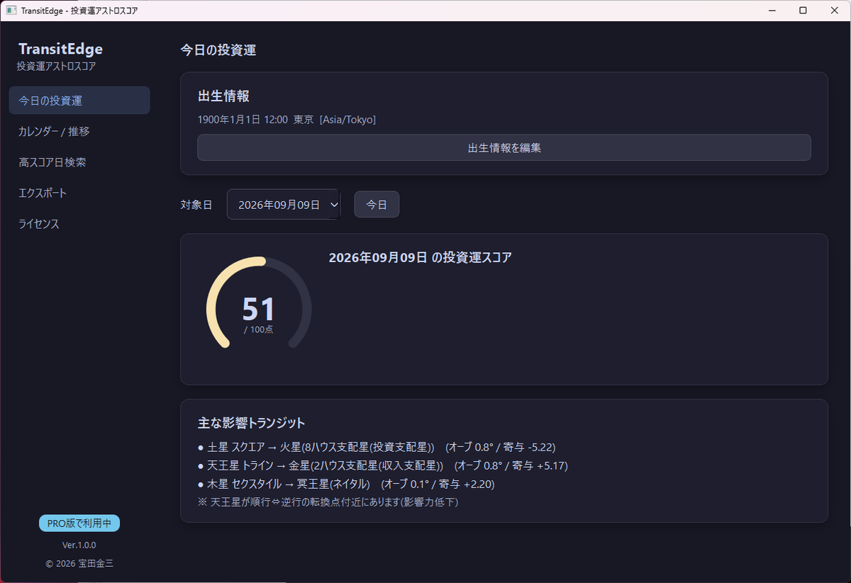 kinzo_tk's tweet photo. 出生��の天体配置、惑星運行と当該日の天体配置を内部計算してアスペクト・パターンから投資運を���価する、投資に特化したガチの占星術アプリを作りました。
自分の過去の投資でバックテストをしたところ精度は結構高いと思います。
これはいずれ公開したいな。
#投資 #資産運用 ＃占星術 https://t.co/REwXdd6Rjz