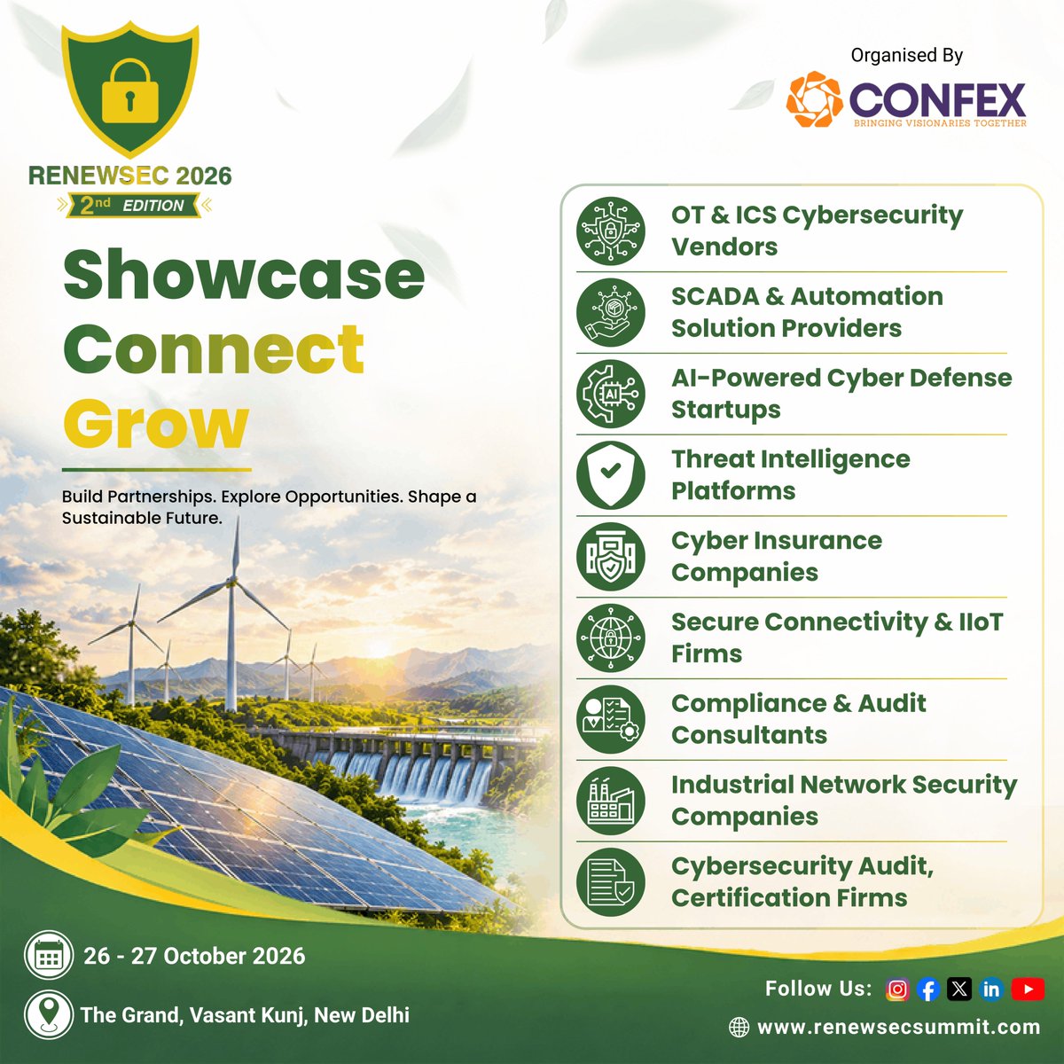 renewsec70981's tweet photo. 🔐 WHO SHOULD EXHIBIT AT RENEWSEC 2026?
Is your technology securing the future of renewable energy?
Then RENEWSEC 2026 is where your brand belongs.
Every MW of renewable energy represents a critical digital and physical asset-from the inverter and control systems to the grid and the investor. RENEWSEC 2026 focuses on securing this entire ecosystem against evolving cyber threats.

RENEWSEC 2026 brings together CISOs, CIOs, CTOs, OT leaders, plant heads, cybersecurity professionals, technology decision - makers and renewable energy stakeholders to address the evolving cyber risks facing critical energy infrastructure.

🚀 WHO SHOULD EXHIBIT?
🔐 OT & ICS Cybersecurity
⚙️ SCADA & Industrial Automation
🤖 AI & Cyber Defense
🛡️ Threat Intelligence & SOC Platforms
🌐 Industrial Network & IIoT Security
☁️ Cloud, Data & Identity Security
📋 Cyber Risk, Compliance & Audit
🔎 Security Assessment & Testing
💼 Cyber Insurance & Risk Management
⚡ Renewable Energy Security Solutions

🔐 EXHIBITION STALL BOOKING IS NOW OPEN
Put your technology in front of decision makers shaping the future of renewable energy security.

👉 Reserve Your Exhibition Space: https://t.co/TZ8kZBI66S

📅 Dates: 26th–27th October 2026
📍 Venue: The Grand, Vasant Kunj, New Delhi
🤝 Organized by: Confex Exhibition & Conference Pvt Ltd
🔗 Know More: https://t.co/MmZ8BqzcBr

Showcase Innovation. Build Connections. Generate Opportunities.
Building Cyber Resilience. Securing Critical Energy. Enabling a Secure Energy Future.

#RENEWSEC2026 #CyberSecurity #RenewableEnergy #EnergySecurity #ICSSecurity #SCADA #IndustrialCybersecurity #CyberResilience #CriticalInfrastructure #IIoT #CyberDefense #EnergyTransition #CleanEnergy