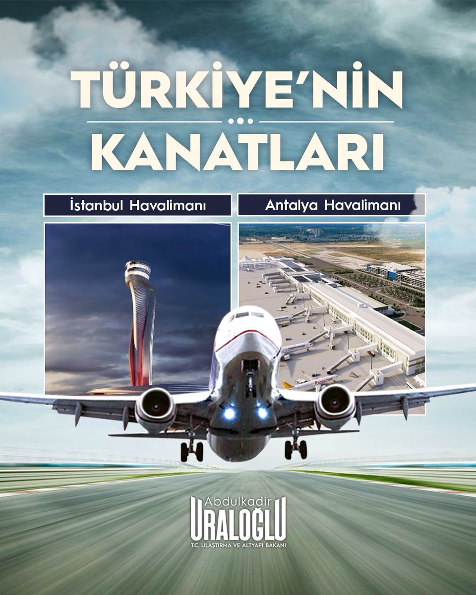 a_uraloglu's tweet photo. İstanbul ve Antalya havalimanlarımız, 2026’nın ilk 8 ayında toplam 81,7 milyon yolcuya hizmet verdi. ✈️

Sadece bu iki havalimanımızda ağırladığımız yolcu sayısı, 2002 yılında Türkiye genelindeki havalimanlarında hizmet verilen 34,5 milyon yolcunun iki katını aştı. 📈

Türkiye genelindeki havalimanlarımızda ise direkt transit yolcularla birlikte 8 ayda 167,5 milyonun üzerinde yolcuya hizmet verdik. 🛫

Havayolunda büyüyen kapasitemiz ve güçlü altyapımızla Türkiye’yi dünyanın önde gelen ulaşım merkezlerinden biri haline getiriyoruz. 🌍

#TürkiyeHızlanıyor 🇹🇷