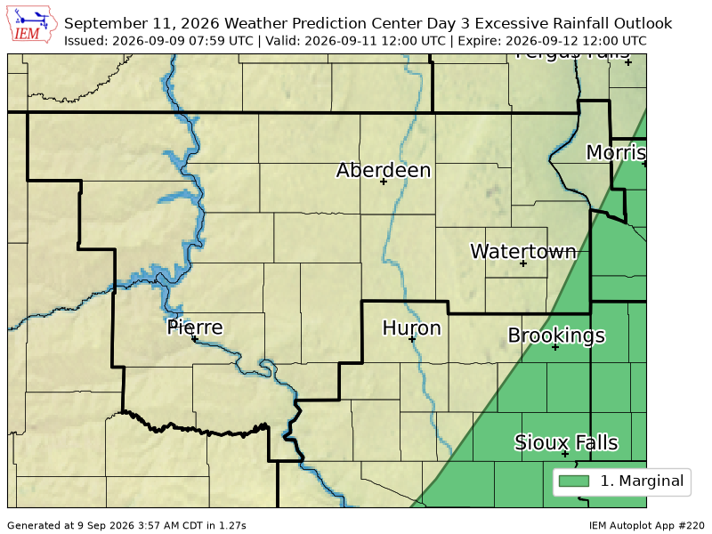 mn_iembot's tweet photo. WPC issues Day 3 Marginal Risk Excessive Rainfall Outlook at Sep 9, 7:59z for ABR https://t.co/4pFpHlhpv7 https://t.co/8dYuuVdyHl