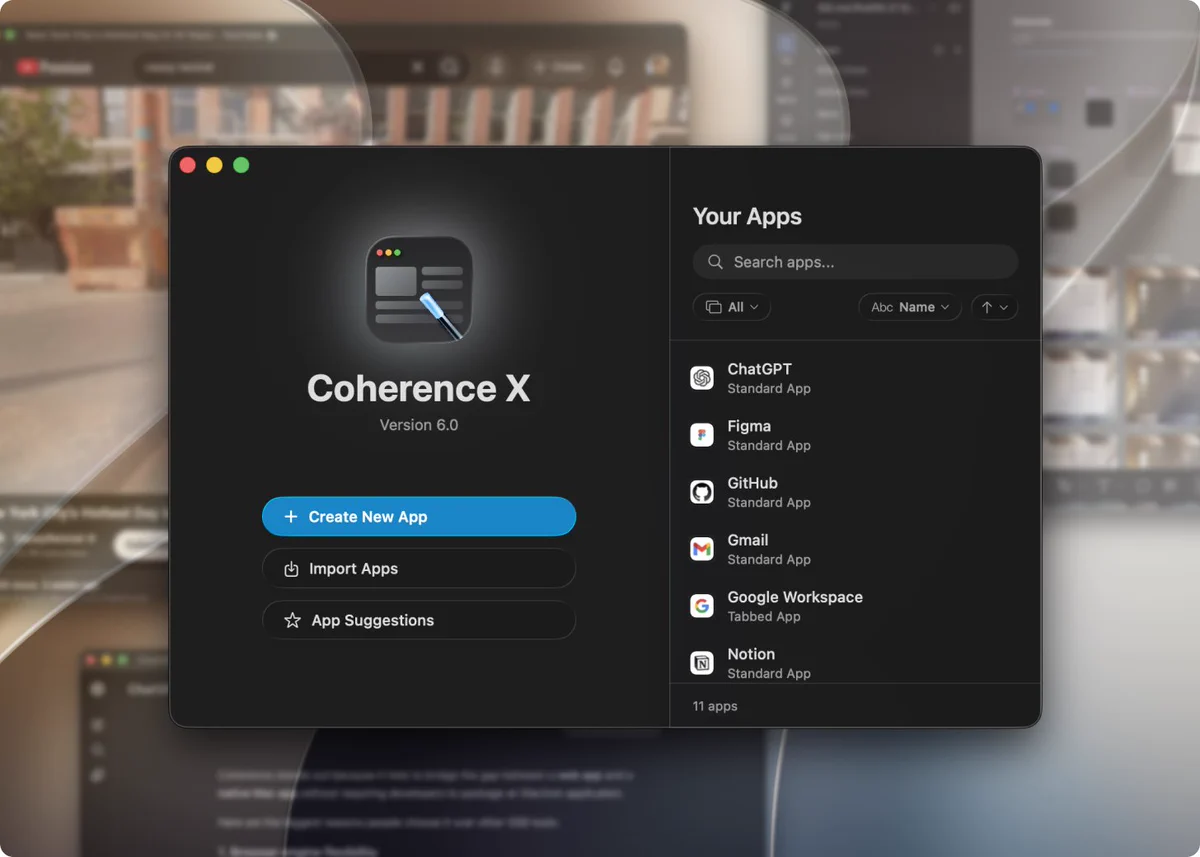Coherence X6 interface displays options to create and manage apps, featuring icons for various applications like ChatGPT and Gmail.