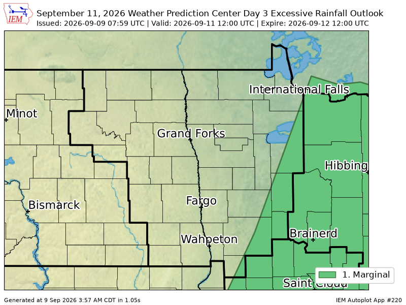 mn_iembot's tweet photo. WPC issues Day 3 Marginal Risk Excessive Rainfall Outlook at Sep 9, 7:59z for FGF https://t.co/4pFpHlhpv7 https://t.co/3kODKTGVhA