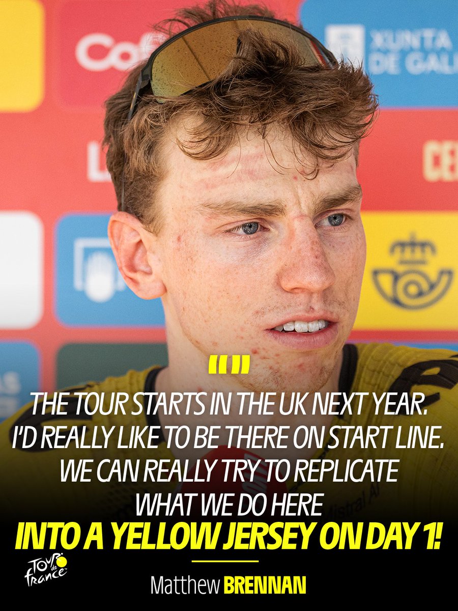 LeTour's tweet photo. 💛 Following his fourth stage victory yesterday at @lavuelta, Matthew Brennan made no secret of his ambitions for the #TDF2027 and its Grand Départ in the UK!

"Le Tour s'élance du Royaume-Uni l'an prochain. J'aimerais beaucoup être sur la ligne de départ. On peut tout à fait reproduire ce qu'on fait là pour prendre le Maillot Jaune le premier jour !"

💛 Après sa 4ème victoire d'étape hier sur @lavuelta , Matthew Brennan n'a pas caché ses ambitions pour le #TDF2027 et son Grand Départ au Royaume-Uni !