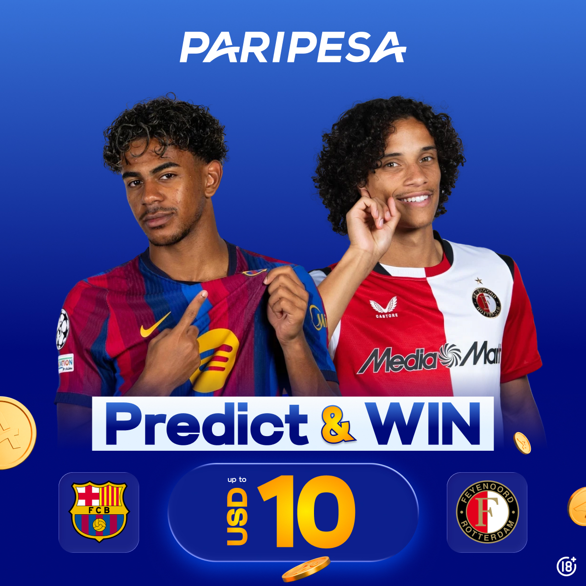 paripesa's tweet photo. 🎁 PREDICT & WIN GIVEAWAY!

🔥 Barcelona vs Feyenoord is on the way!

💰 Predict the final score and win $10 Free Bets!

✅ Register on PariPesa
✅ Follow @paripesa, Like & RT post
✅ Comment: PariPesa ID + score (ex: ID12345678, 2–1)

Attention to the rules👇

���️Only one prediction per participant and before kick-off
❗️Your PariPesa account must have a verified phone number
❗️The competition is open only to users from Africa

🏆 3 correct predictions randomly selected win $10 Free Bets each!