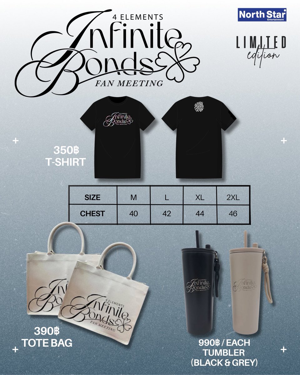 4elementsGL's tweet photo. OFFICIAL MERCHANDISE ✨

เตรียมพบกับไอเทมสุดพิเศษจากงาน
“4 ELEMENTS INFINITE BONDS FAN MEETING” 🤍

🖤 T-SHIRT — 350 บาท
🤍 TOTE BAG — 390 บาท
🥤 TUMBLER (BLACK & GREY) — 990 บาท

พร้อมให้ทุกคนได้เป็นเจ้าของแล้ว! 🫶🏻
มาเลือกไอเทมที่ชอบ แล้วพกความทรงจำของ INFINITE BONDS กลับไปด้วยกันนะคะ

📍 แล้วพบกันในงาน “4 ELEMENTS INFINITE BONDS FAN MEETING”
📅 12 กันยายน 2569
📍 UNION HALL, UNION MALL

แล้วมาเจอกันนะคะ 🤍✨

#4Elements
#บ้านวาทินวณิช
#NorthStarEntertainment